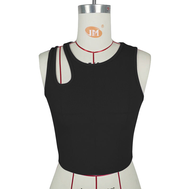Ribbed Bare Cropped Slim Fit Top Hollow Out Cutout Sleeveless round Neck Vest