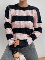 Knitwear Round Neck Striped Ripped Sweater