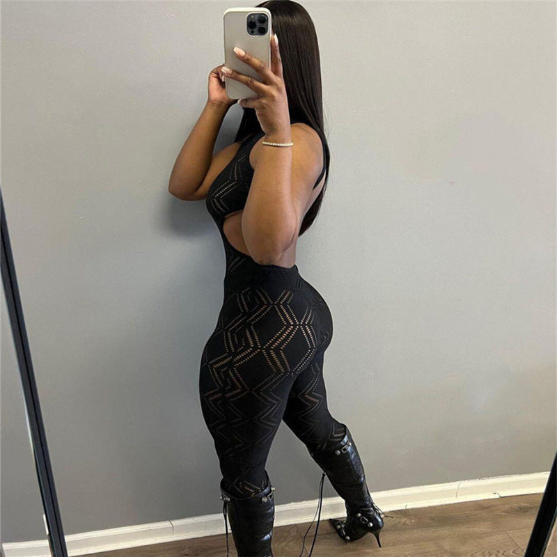 Backless Sleeveless Halter High Waist Tight Sports Fitness Jumpsuit