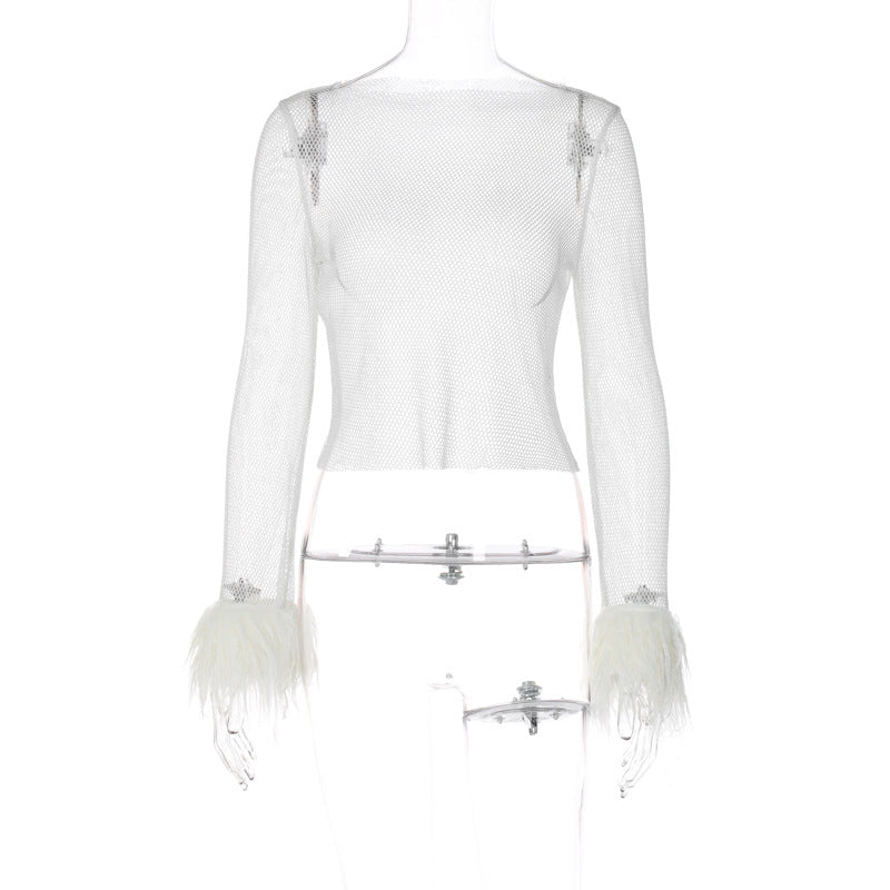 Fall Furry Stitching Grid Hollow Out Cutout cropped Top