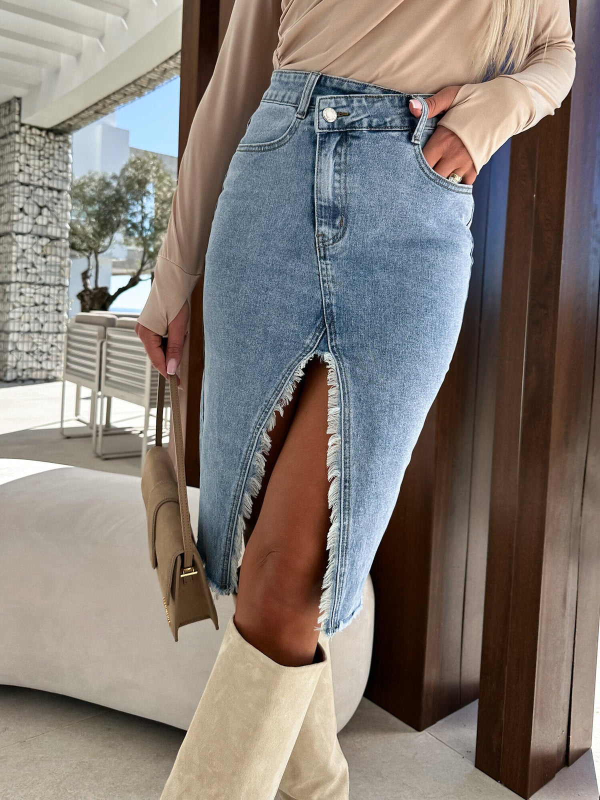 Fresh Sweet Slitable Casual Solid Color Denim Package Hip Skirt