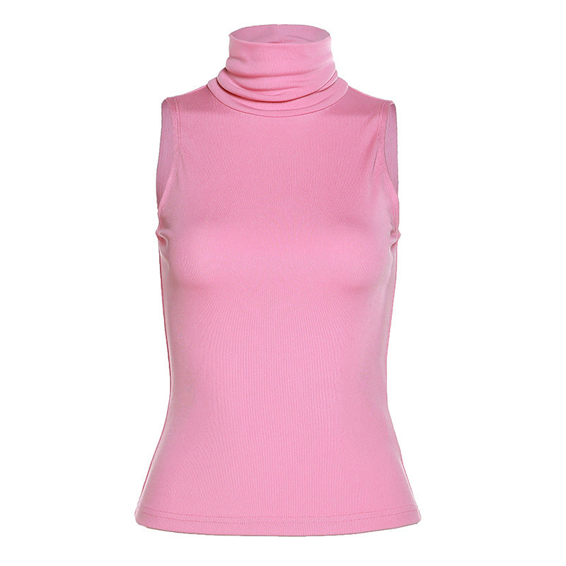 High Neck Sleeveless Slim Fit Cropped Solid Color All Matching Vest