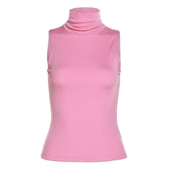 High Neck Sleeveless Slim Fit Cropped Solid Color All Matching Vest