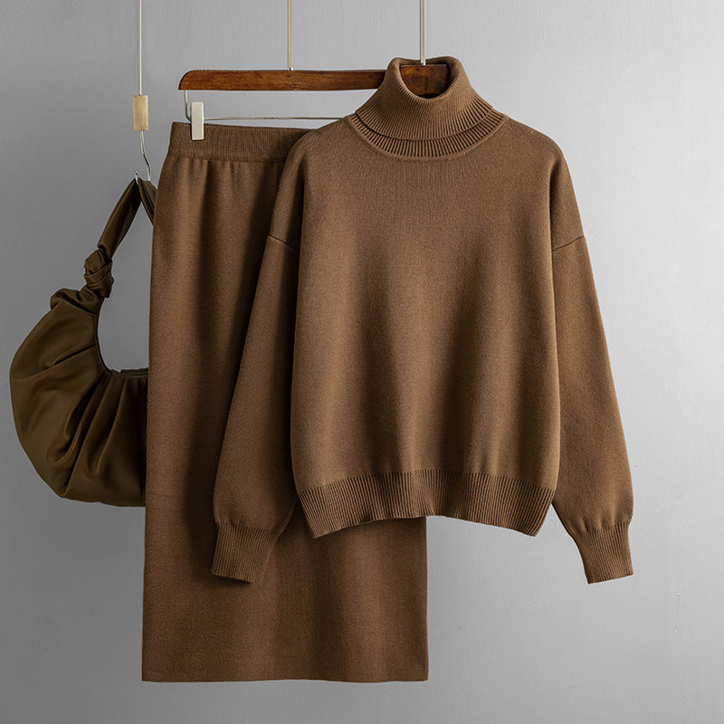 Solid Color Turtleneck Sweater Sheath Skirt Two Piece Set Knitting Suit