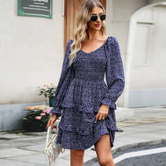 Robe de vacances décontractée à fleurs, col en V, manches longues