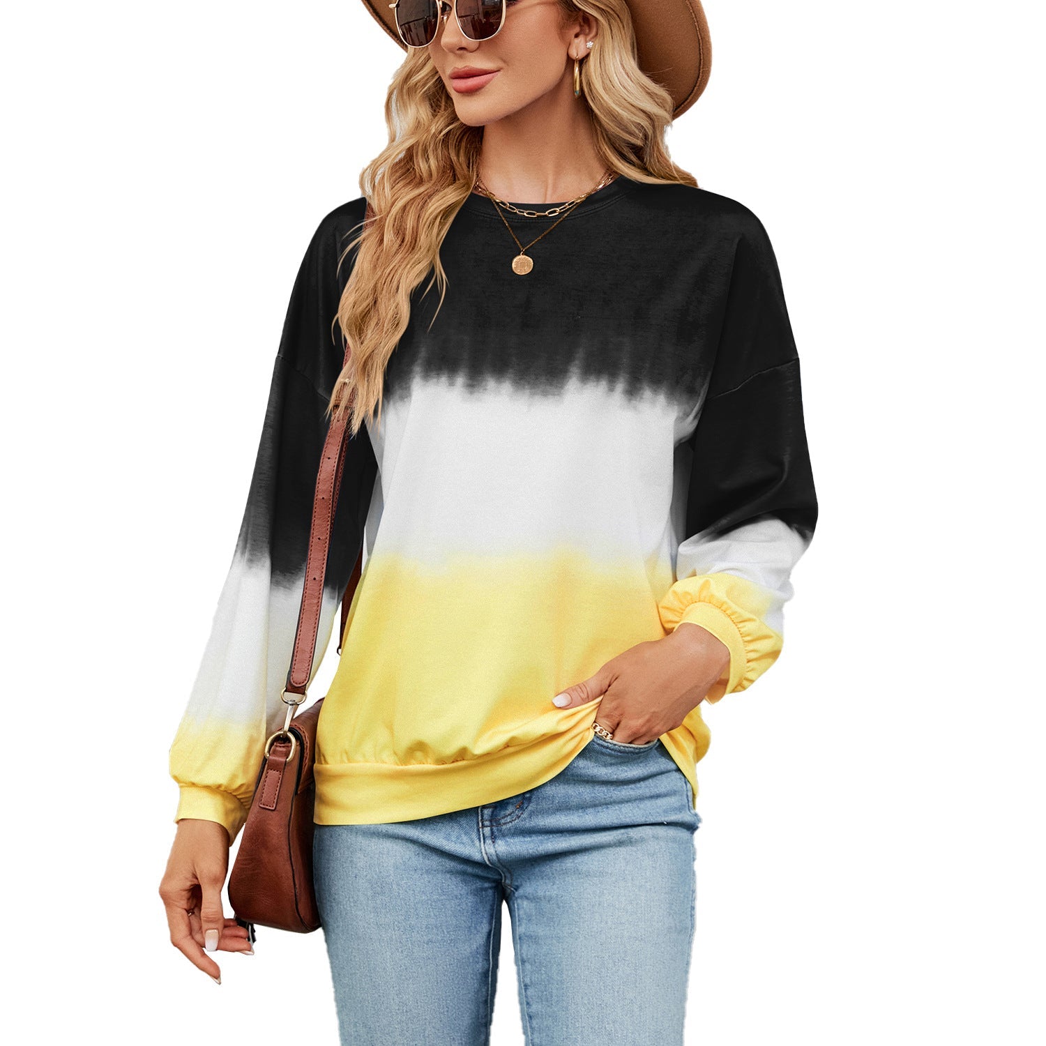 Tie-Dye Contrast Color round Neck Long Sleeve Loose Sweatshirt