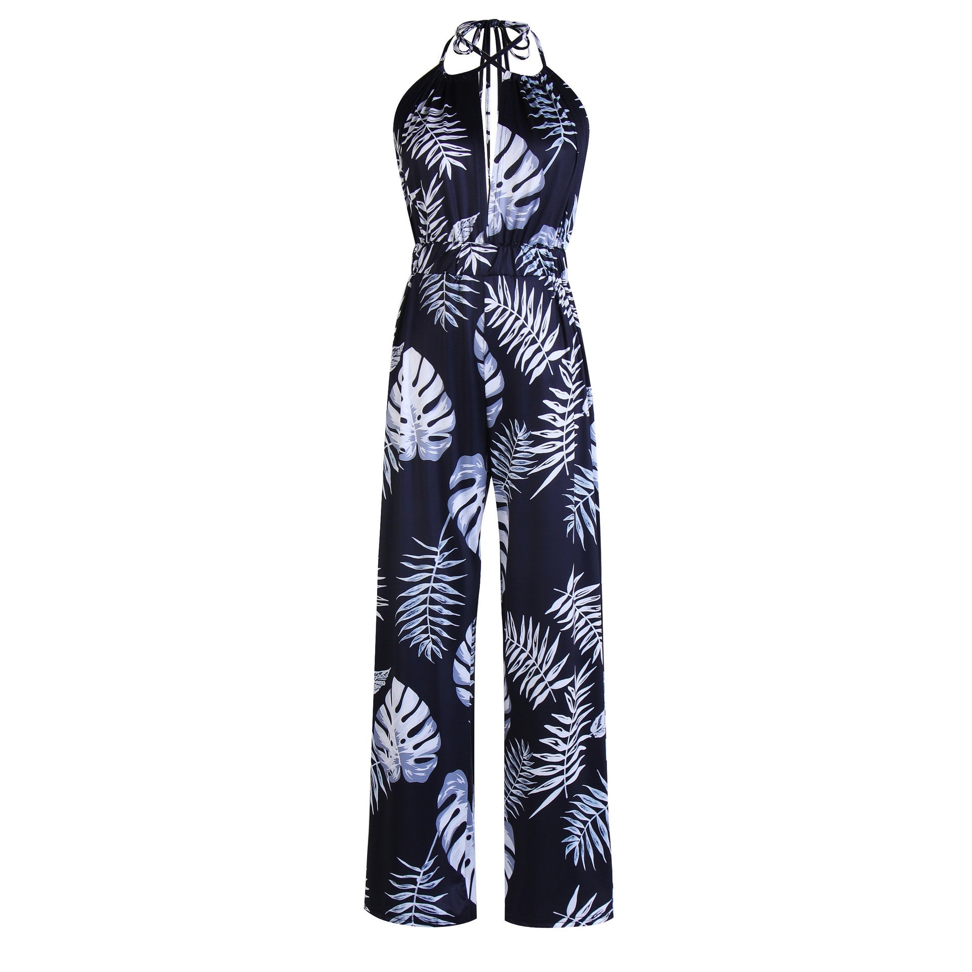 Printed Backless Jumpsuit Split Straight Pants Wide Leg Pants