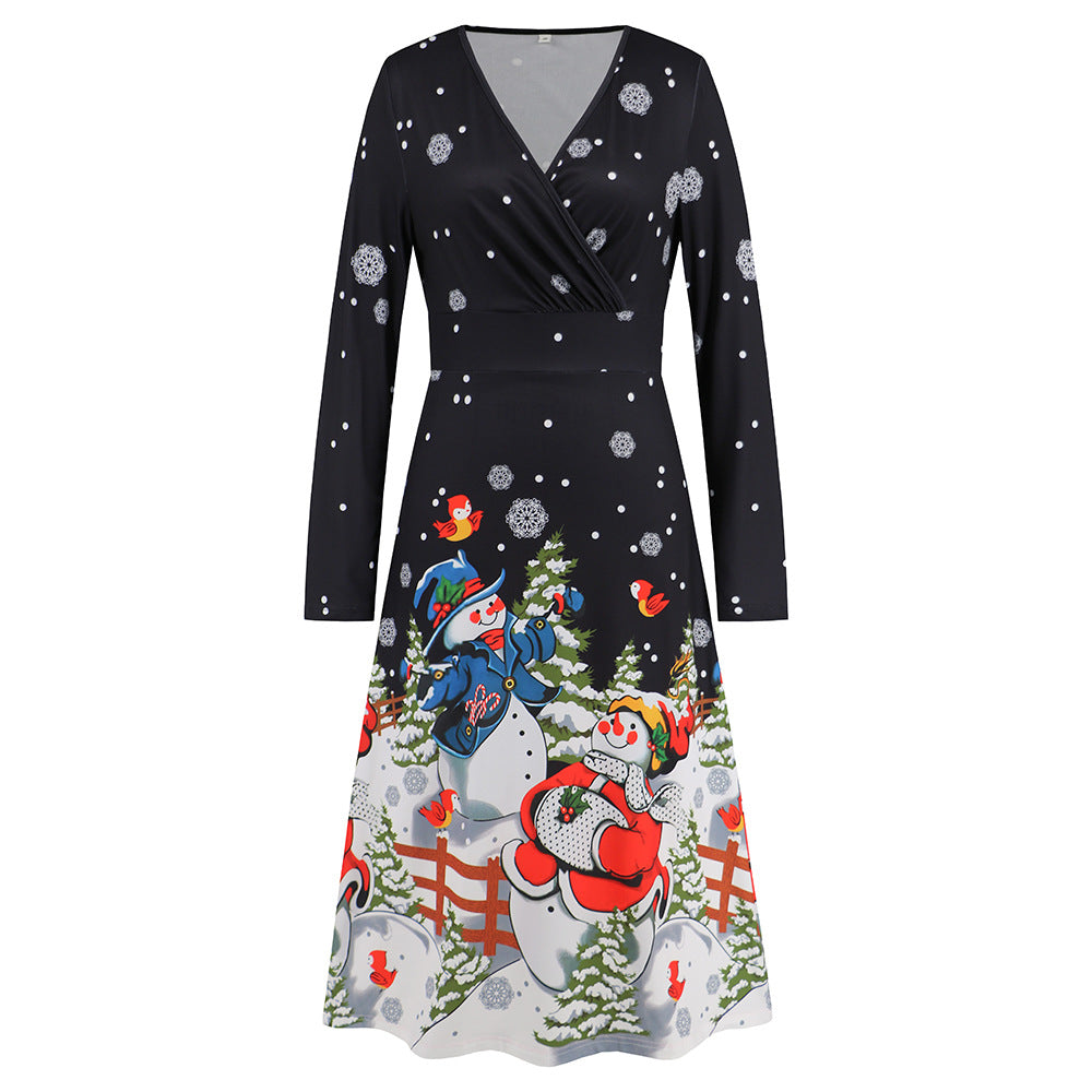 V Neck Long Sleeved Christmas Printed Dress Christmas Dress Year Party Play Maxi Dress