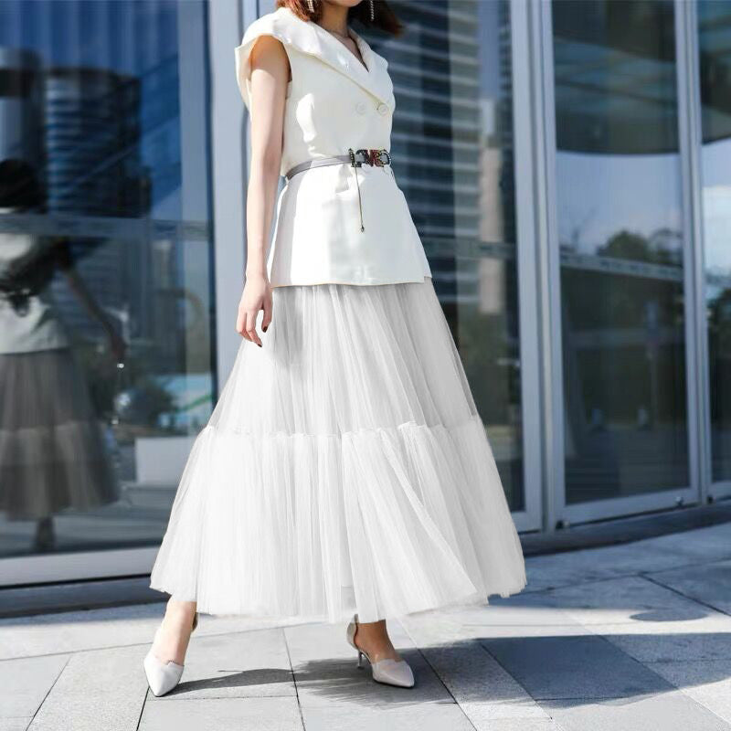 Langes bodenlanges Kleid Übergroßer Swing-Netzrock Patchwork-Maxikleid A-Linie Pettiskirt mit hoher Taille