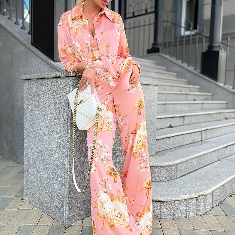 Tube Top Long Sleeve Shirt Straight Printed Trousers Set