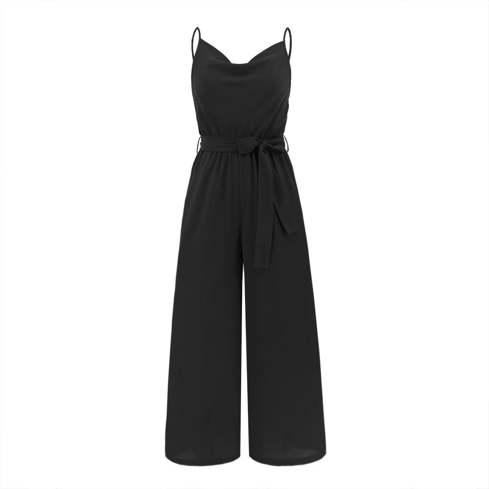 Pantalon droit sans manches à bretelles et dos nu, pantalon long une pièce