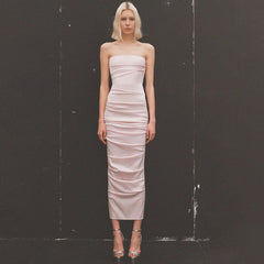 Satin Pleated Strapless Dress Pink Sheath Dress