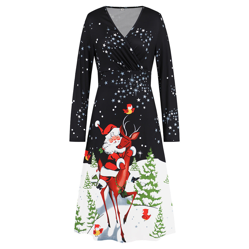 V Neck Long Sleeved Christmas Printed Dress Christmas Dress Year Party Play Maxi Dress