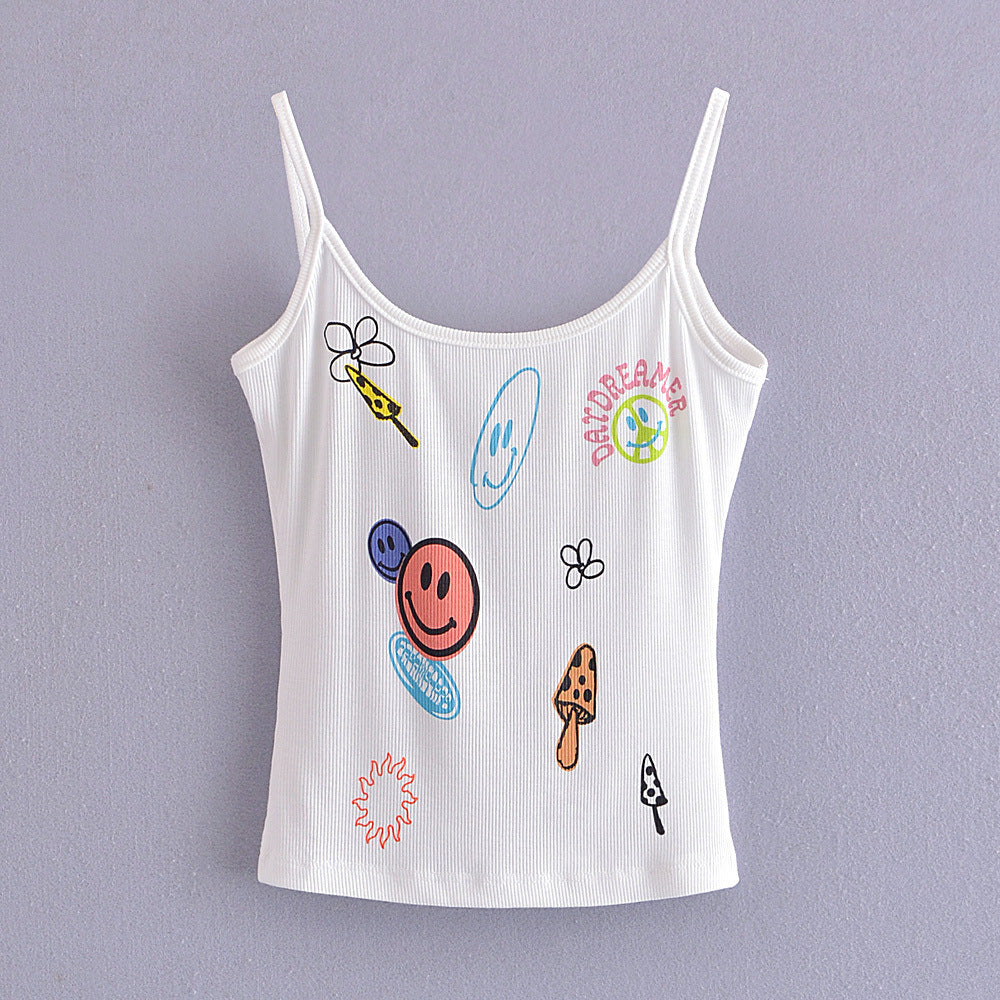 Süßes Smiley-Gesicht, kurzer Träger, schmal, bedruckt, hochelastisch, kurz, kleines Tanktop, Grafik-Smiley