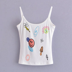 Süßes Smiley-Gesicht, kurzer Träger, schmal, bedruckt, hochelastisch, kurz, kleines Tanktop, Grafik-Smiley