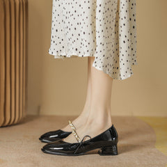 Damen Square Toe Chunky Granny Mid Bow Flach