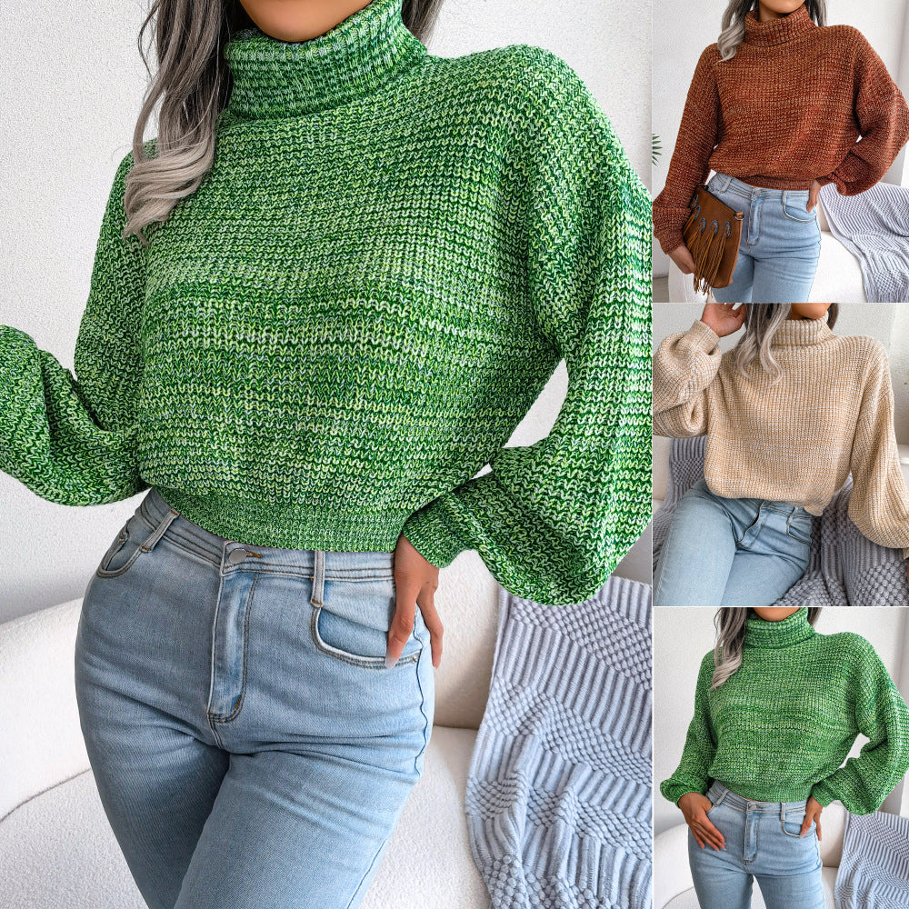 Mixed Color Lantern Long Sleeve Turtleneck Knitting Sweater