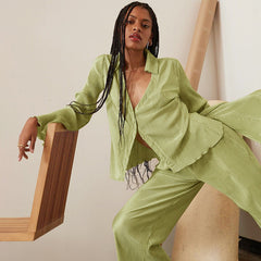 Vintage long sleeve ruffled shirt pantsuit Loose Flare Sleeve Blouse textured