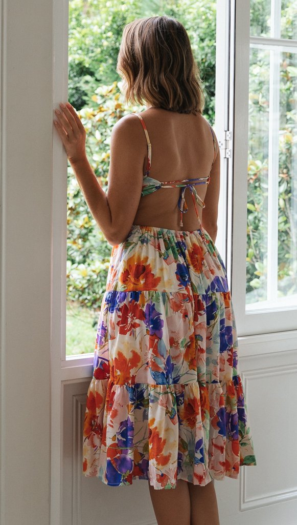 Sundress Printed Strap Backless Lace-up Large Swing Dress