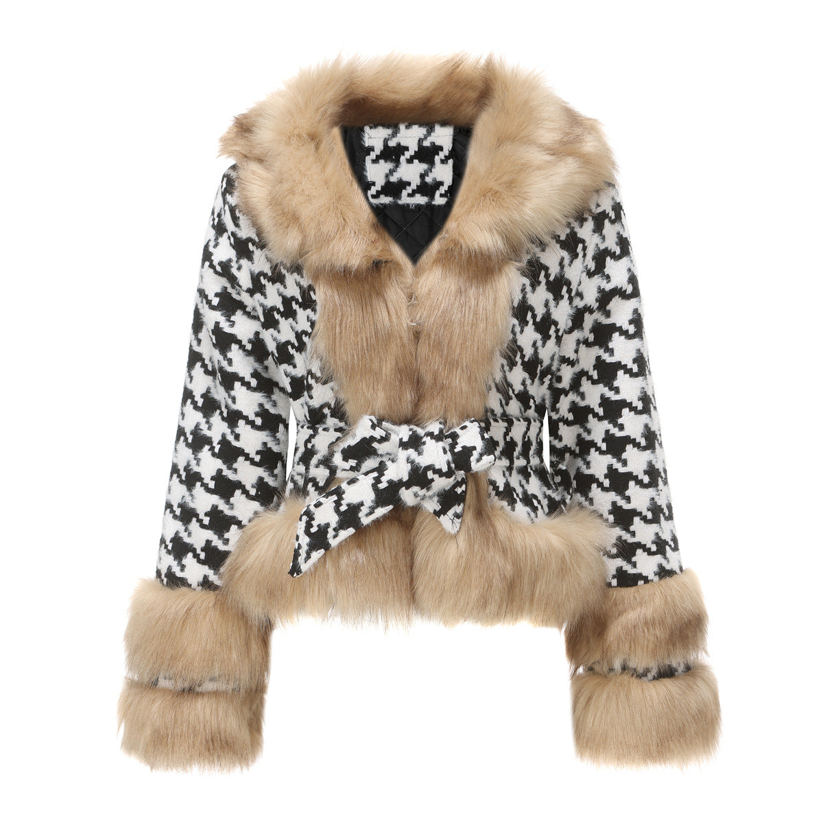 Plaid Coat Detachable Short Fur Collar Tops Houndstooth