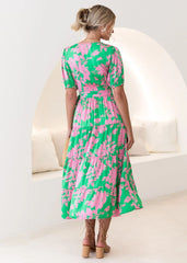 Vintage Court Bedrucktes Kleid mit V-Ausschnitt und Blumenmuster