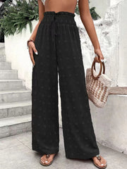 Pantalon décontracté en jacquard à taille haute, coupe ample et élastique, coupe ample, jambes larges