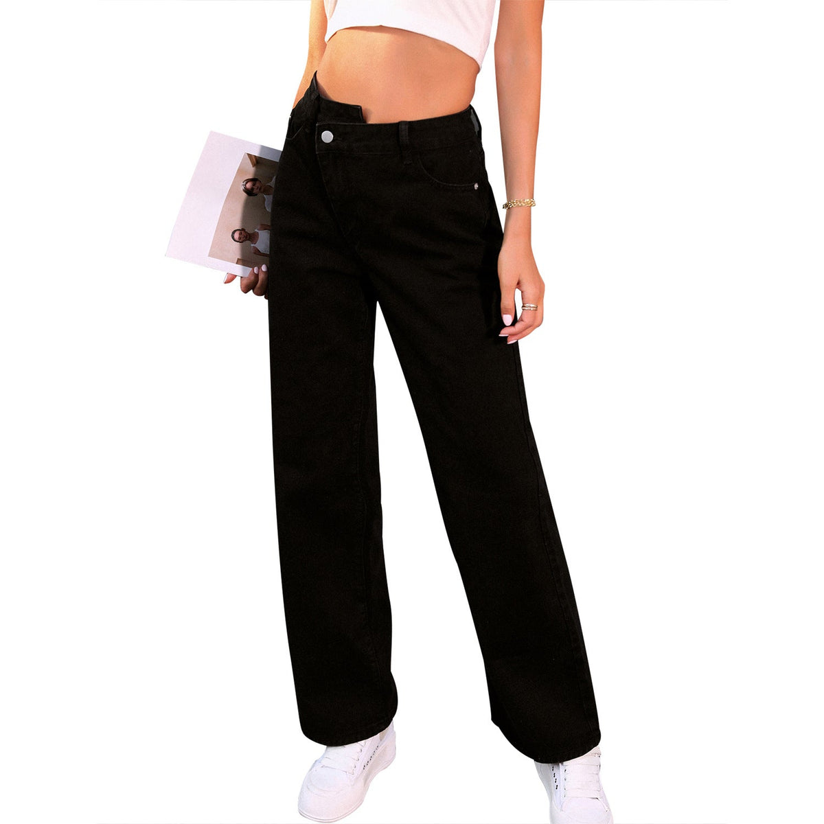 Lässige, lockere, figurbetonte Jeanshose mit hoher Taille