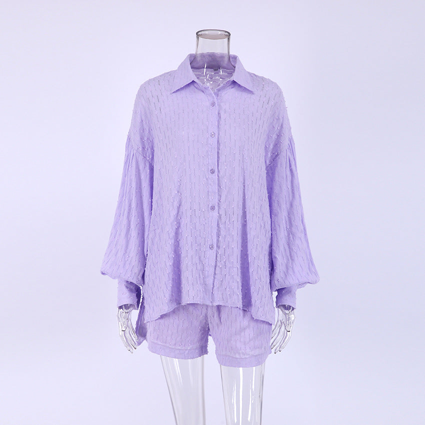 French White Jacquard Cotton Puff Sleeve Casual Shorts Suit Homewear Cool Pajamas