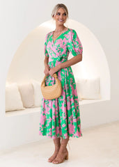 Vintage Court Bedrucktes Kleid mit V-Ausschnitt und Blumenmuster