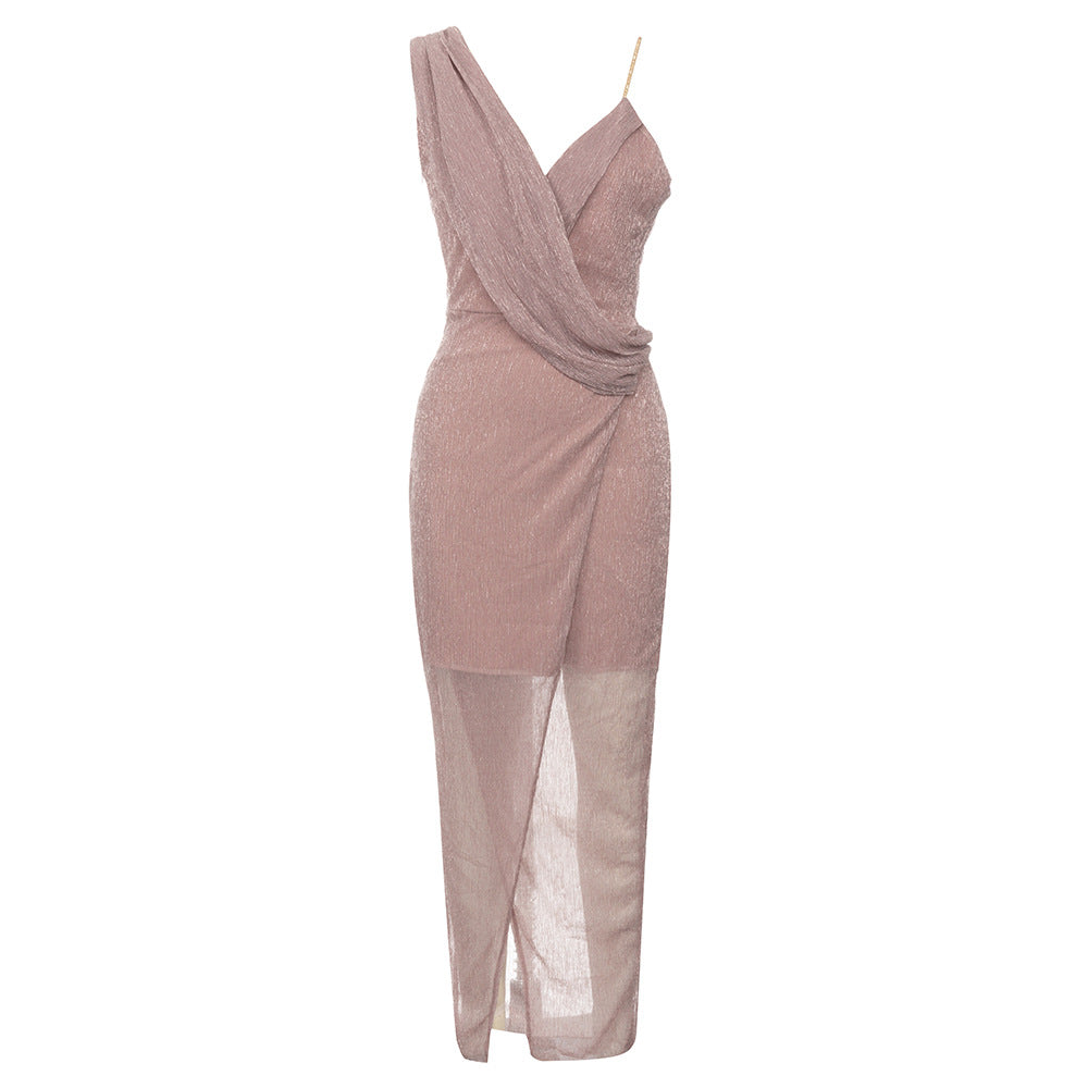 Dress Simple Sling Swing Collar Backless Front Slit Slim Dress