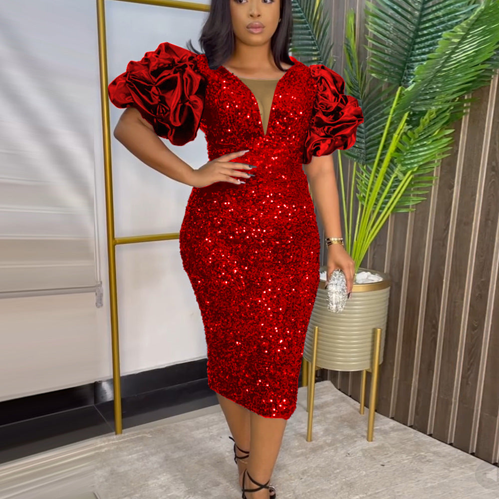 Christmas V neck Oversleeves Dress High Waist V Back Party Sequinmal Dress