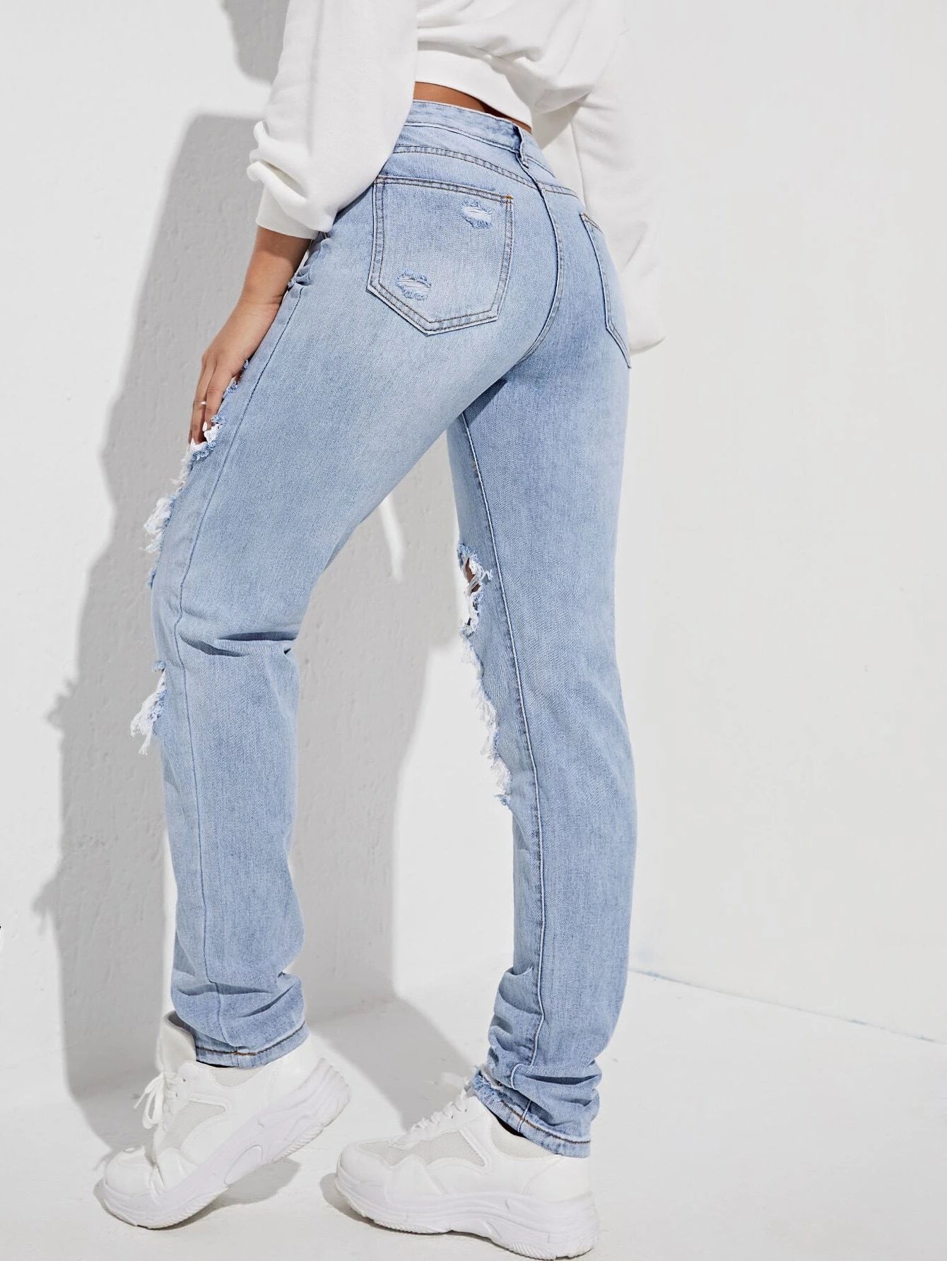 Pantalon en jean droit taille haute à larges déchirures