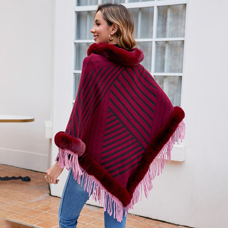 Fur Collar Pullover Tassel Knitted Cape Stripe Warm Shawl