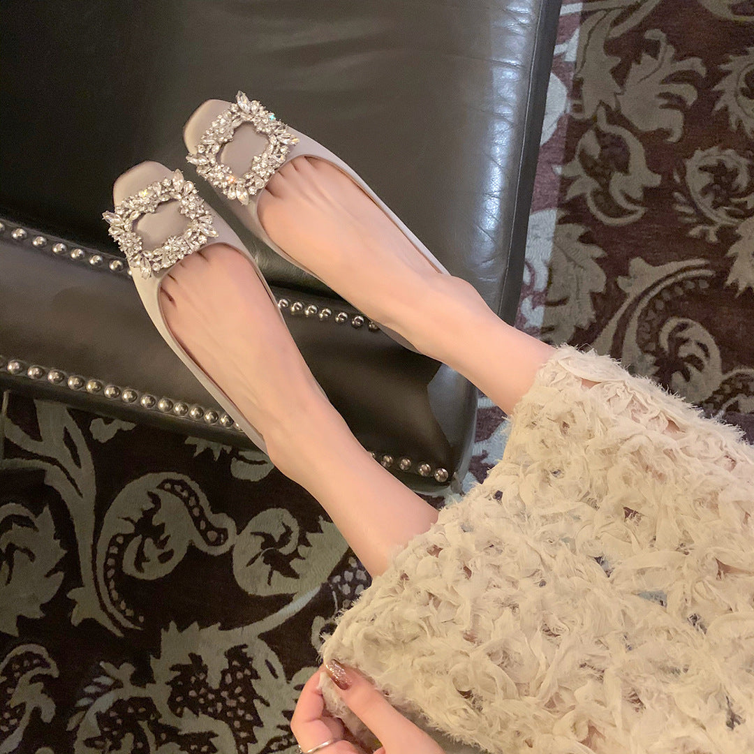 Women's Rhinestone Square Buckle Shallow Mouth Flat