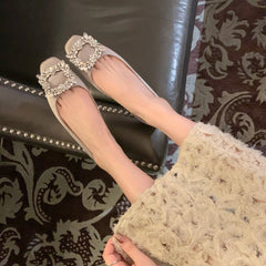 Women's Rhinestone Square Buckle Shallow Mouth Flat