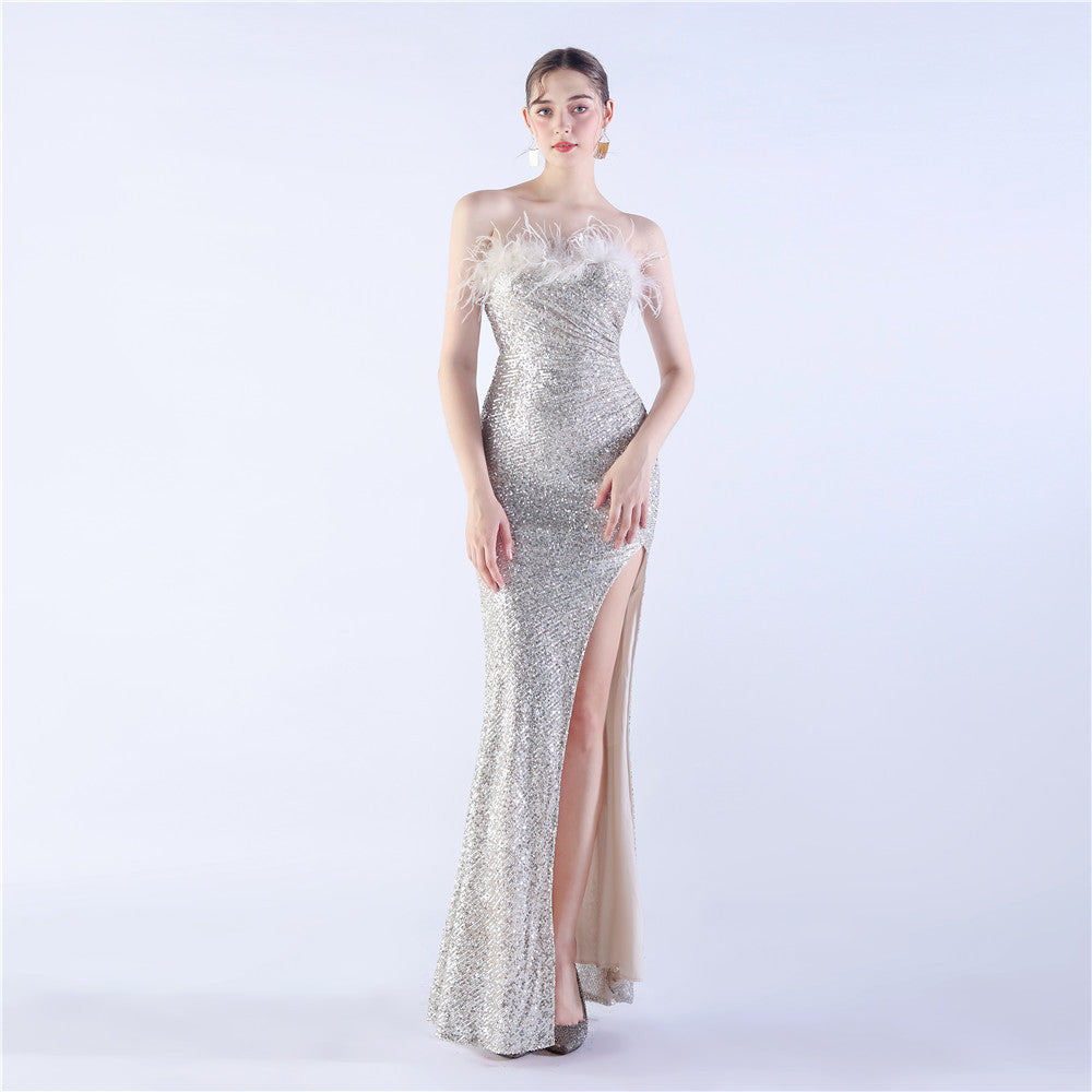 Ostrich Feather Shrink Folding Wrinkle Craft Host Dinner High End Evening Dress