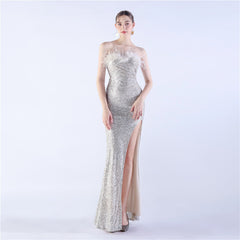 Ostrich Feather Shrink Folding Wrinkle Craft Host Dinner High End Evening Dress