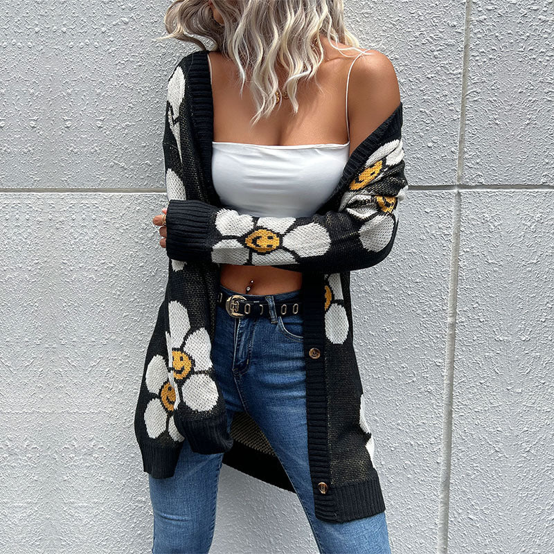 Wear Floral Long Sleeve Sweater Cardigan Mid Length