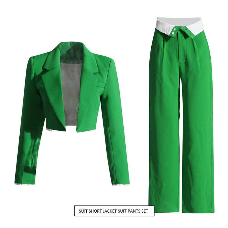 Casual Short Blazer Flanging High Waist Straight Pants Suit Two Piece Set