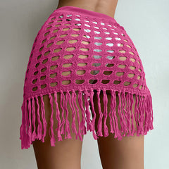 Vacation Sheer Cutout Knitted Dress Split Tassel Beach Skirt