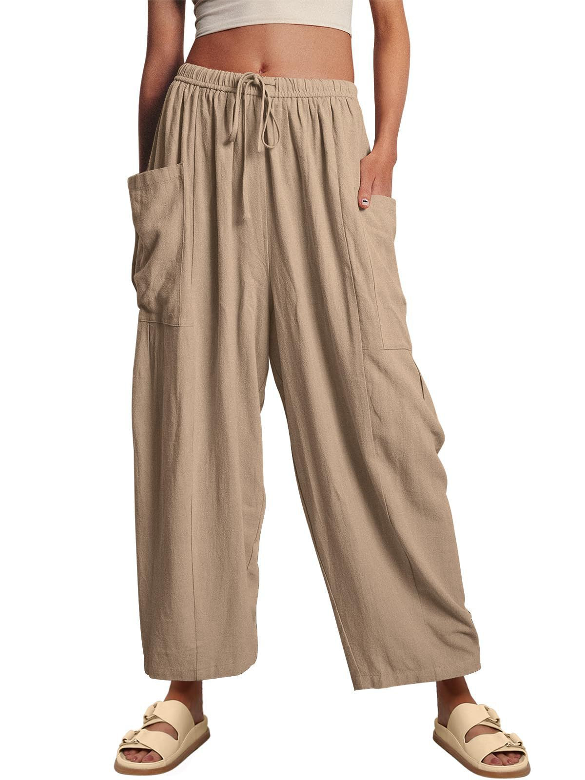 Elastic Waist Pleated High Waist Wide Leg Pants Loose Casual Cotton Linen Trousers