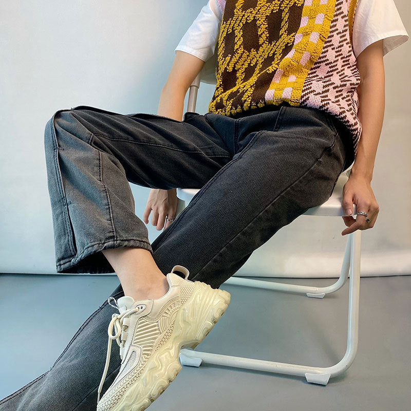 Jean droit fendu dégradé Pantalon taille haute rétro classique