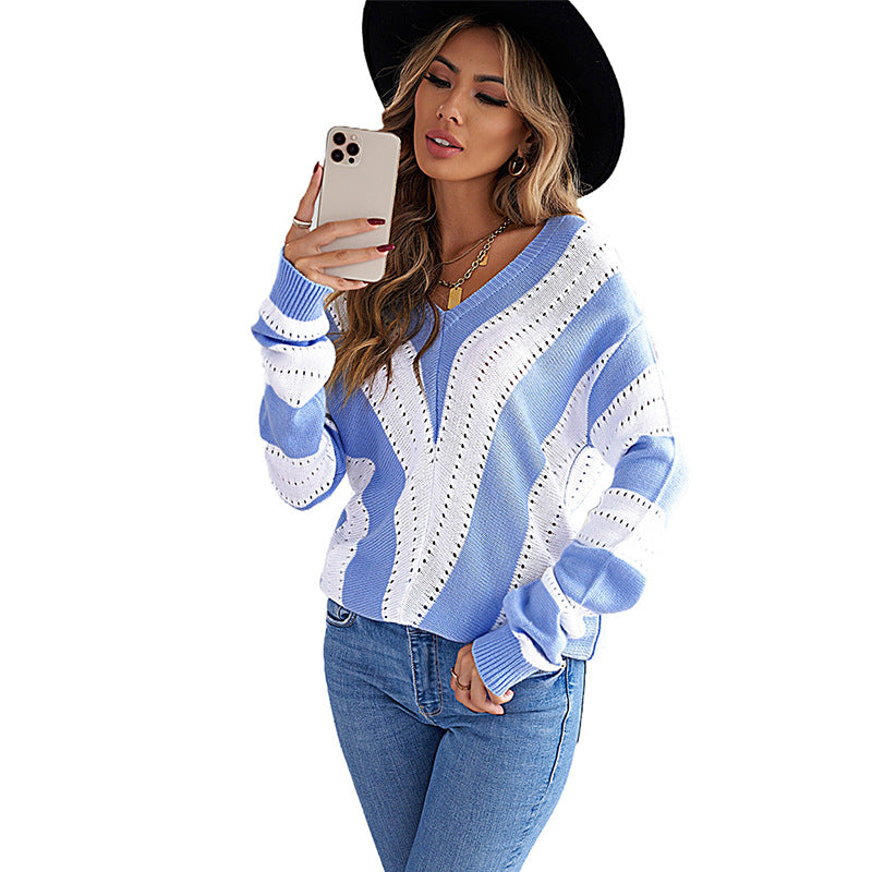 Striped Outerwear Sweater Contrast Color Long Sleeves Knitted Underwear Top