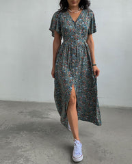 Mid-Sleeve Waist Split Floral Dress