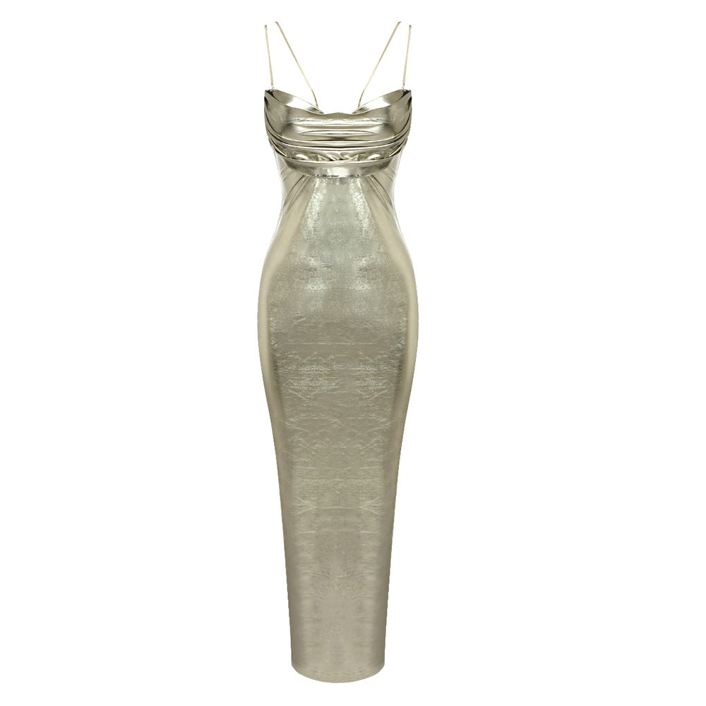 Bronzing Color Sling Backless Dress Metal Texture Pile Collar Strapless Dress Backless Nightclub