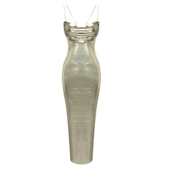 Bronzing Color Sling Backless Dress Metal Texture Pile Collar Strapless Dress Backless Nightclub