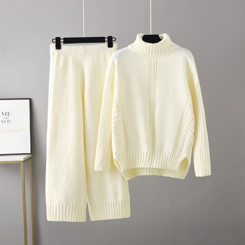 Turtleneck Pullover Thickened Knitting Sweater Casual Set Loose Idle Wide Leg Pants Two Piece Set