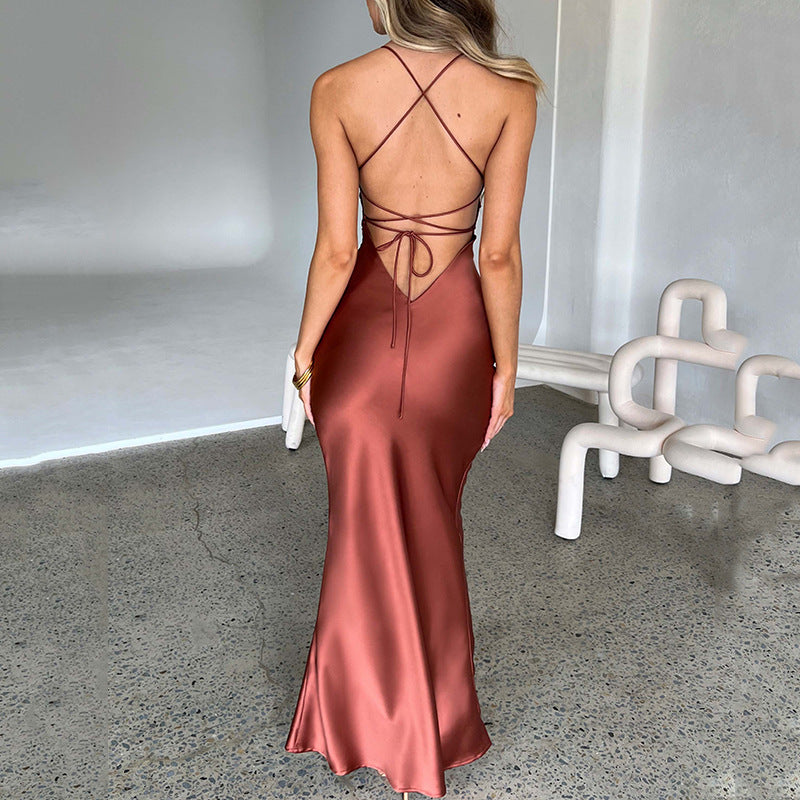 Strap Satin Dress Backless Lace up Waist Controlled Maxi Dress