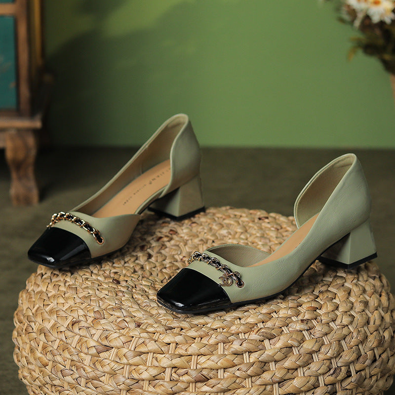 Chaussures classiques à bout carré et épaisses pour femmes, assorties aux couleurs