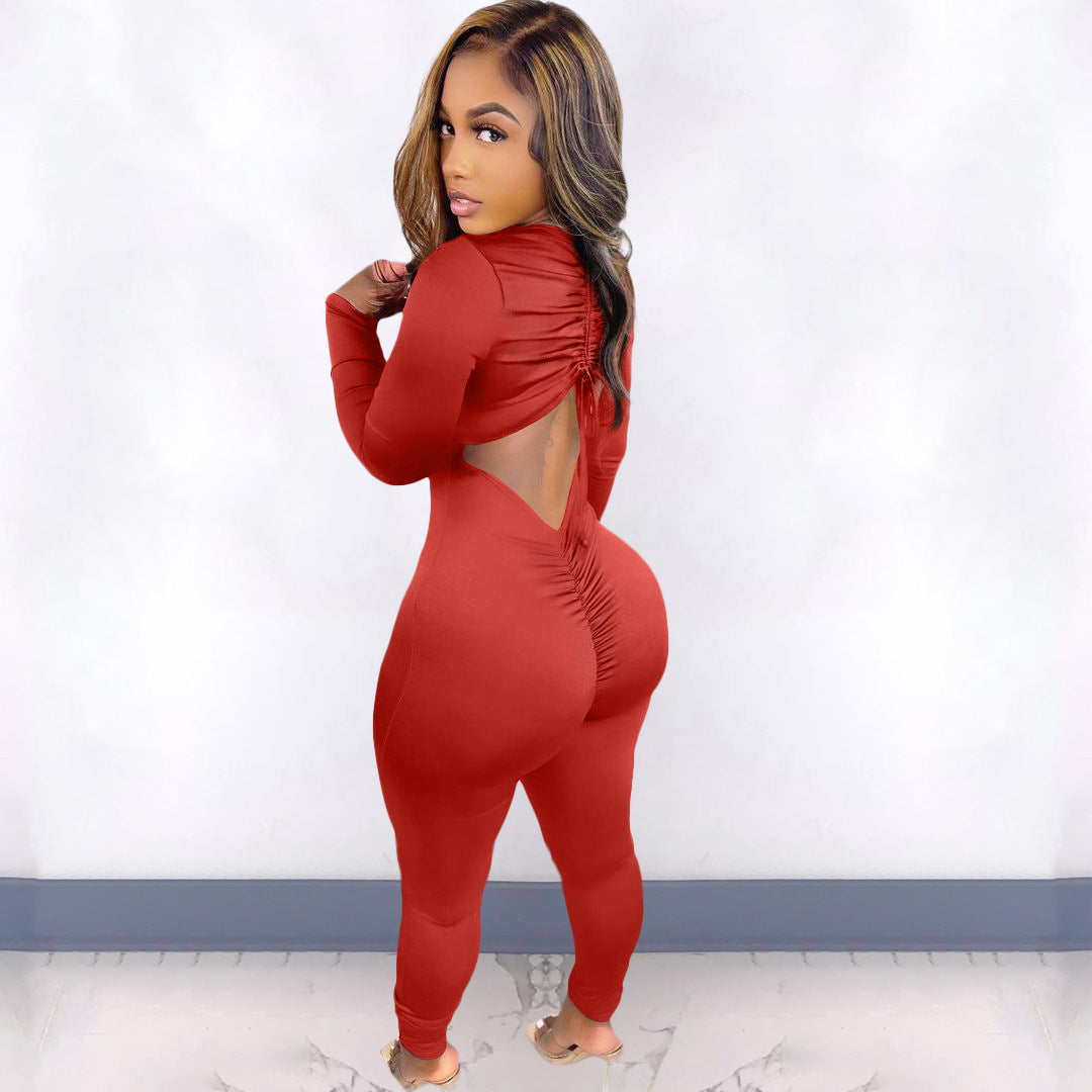 Solid Color V neck Stitching Pleating Jumpsuit
